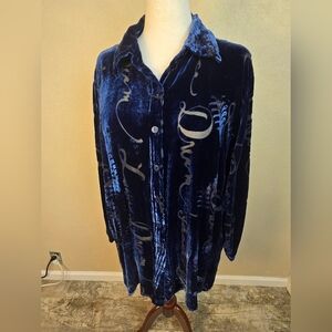 Quacker Factory Blue Velvet Text Button Down Shirt 1X (6120)
